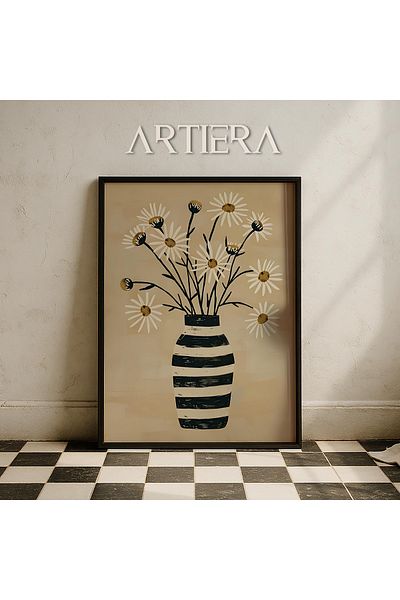 HİGUERA Vază alb-negru Flori de margaretă Cremă Abstractă Botanică Pictură murală cu rame din lemn