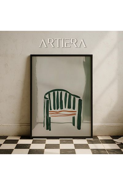 HİGUERA Scaun cu dungi verde alb Artă minimalistă contemporană Pictură murală cu cadru din lemn