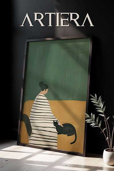HİGUERA Portret abstract de femeie și pisică Pictură murală minimalistă modernă cu rame din lemn