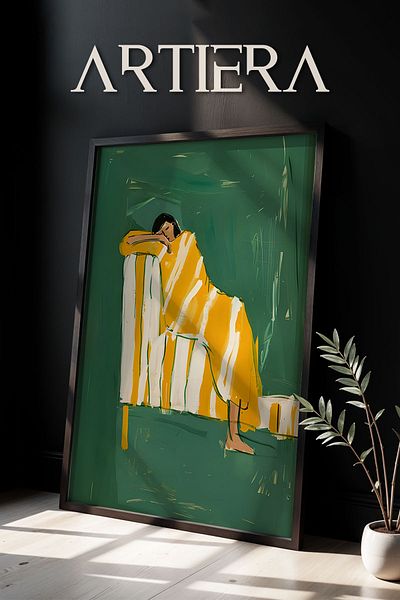 HİGUERA Ridicat în linie galbenă Minimalist Abstract Portret de femeie Artă contemporană Pictură murală cu rame din lemn
