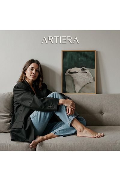 HİGUERA Portret abstract de pisică în somn pe scaun gri Pictură murală cu cadru din lemn