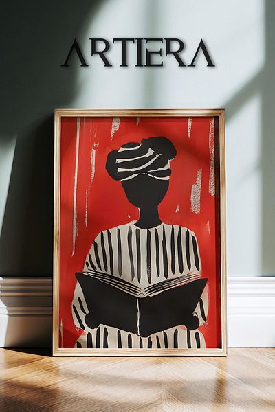 HİGUERA Roșu Negru Alb Dungi Portret de femeie Artă minimalistă contemporană Pictură de perete cu rame din lemn
