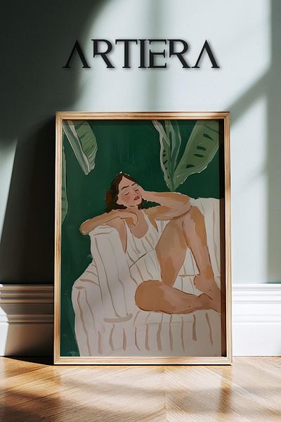 HİGUERA Portret de femeie abstractă elegantă în odihnă cu frunze verzi Pictură murală modernă cu rame din lemn