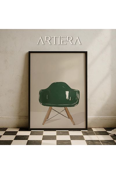 HİGUERA Scaun verde cu design modern, artă minimalistă contemporană, pictură murală cu cadru din lemn