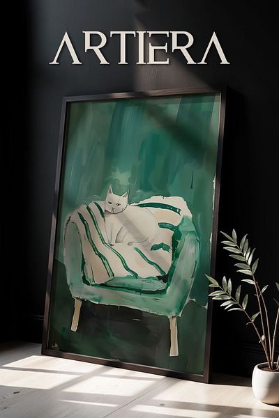 HİGUERA Portret abstract de pisică într-o canapea verde Minimal Stripes Pictură murală cu rame din lemn