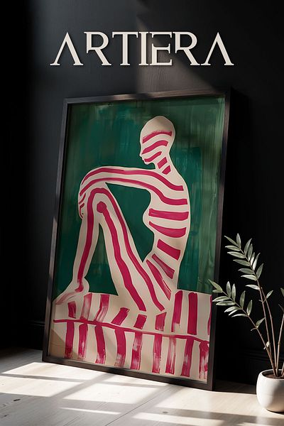 HİGUERA Artă minimalistă contemporană, dungi roșii, yoga, femeie așețată, pictură murală cu rame din lemn
