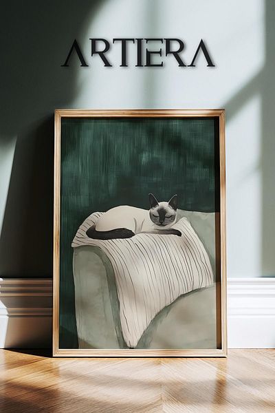 HİGUERA Portret abstract de pisică în somn pe scaun gri Pictură murală cu cadru din lemn
