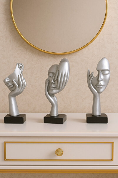 rakaymu 3 Lü El Yapımı Soyut Gümüş Siyah El Yüz Biblo Heykel Dekoratif Obje Seti