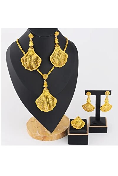 BirYıldızOl 24 Ayar Altın Kaplama İstiridye Model Takı Seti Kolye Küpe Yüzük ...