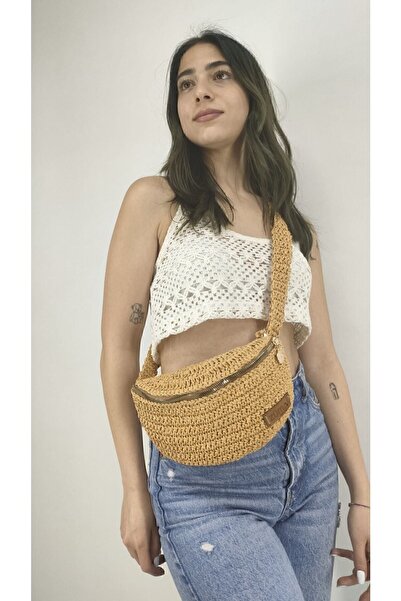 ZÜMAL Fermuarlı Lüx El Örgüsü Kağıt Ip Kadın Omuz,bel,çapraz Çanta (RENK HASIR)
