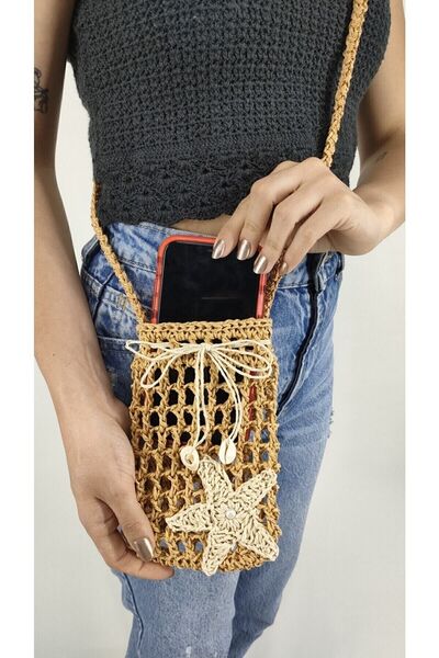 ZÜMAL Zümal Lüx El Örgüsü Kağıt İp Kadın Omuz Telefon Çantası ( Renk Hasır )