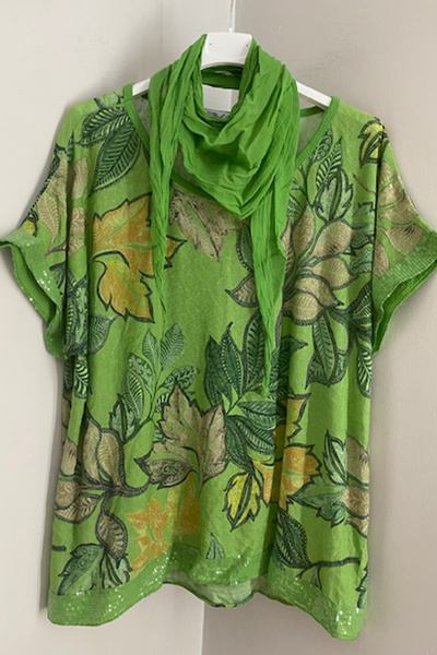 AYASOFYA OTANTIK Bluză largi cu paiete pentru femei, verde italian, cu model de frunze, mâneci și tiv
