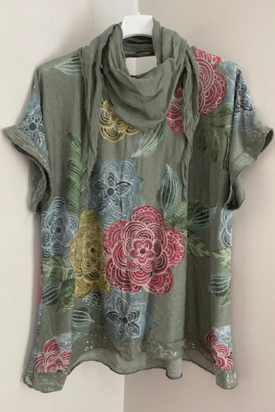 AYASOFYA OTANTIK Women's Italian Khaki Scarf Layered Flowers Patterned Sleeves and Hem Sequined Loose Blouse