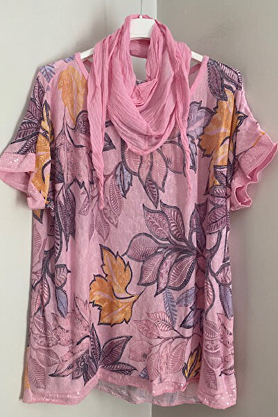 AYASOFYA OTANTIK Γυναικεία ιταλική ροζ μαντίλι με μοτίβο με φύλλα μανίκια και...