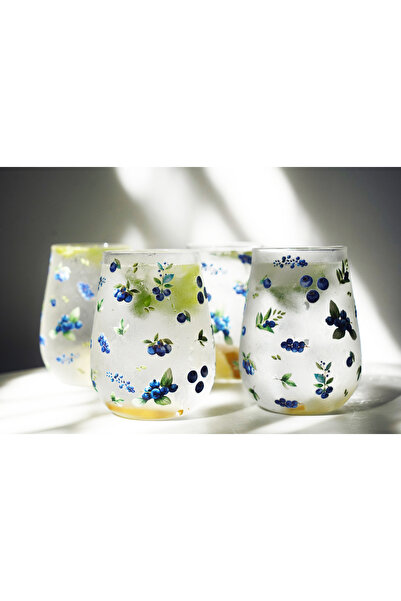 Caga Home CAGA 4'lü Yaban Mersini Desenli Cam Su Bardağı Seti 350 Ml