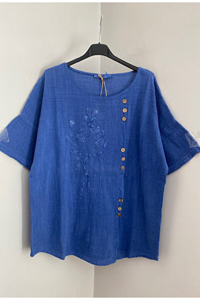 AYASOFYA OTANTIK Bluză de in oversize cu mâneci 3/4 brodate cu guler rotund albastru pentru femei