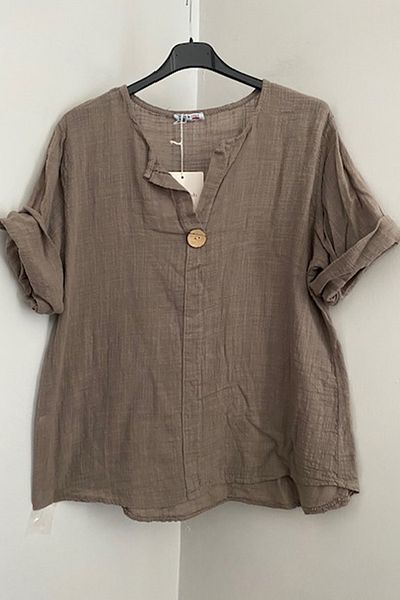 AYASOFYA OTANTIK Women's Italian Mink Button Detailed 3/4 Sleeve Oversize Loose 100% Cotton Blouse Tunic