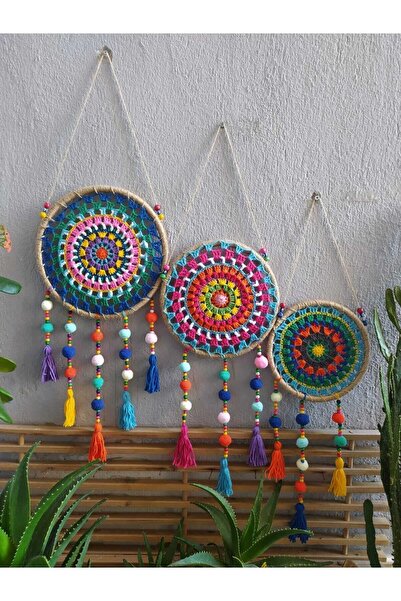 Pure Co. Makrome Mandala Ponponlu Gökkuşağı 3 'lü Orijinal El Emeği Özel Tasa...