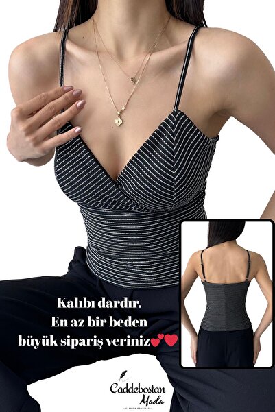 Caddebostan Moda Women's Double Breasted Collar Crop Blouse with V Neck Stripes and Rope Strap