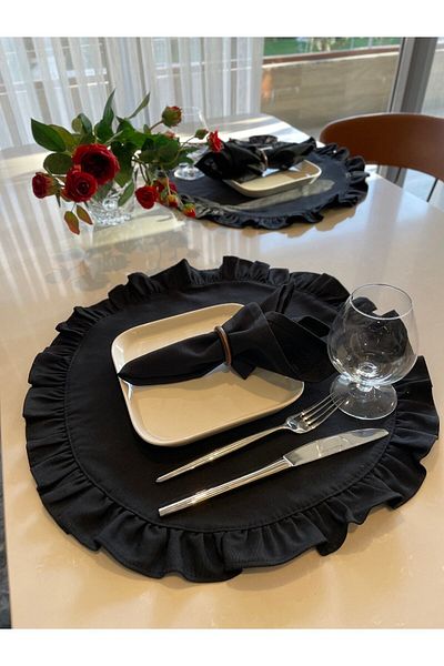 Decamor home Set de 2 servicii americane rotunde cu volane negre, rezistente la pete