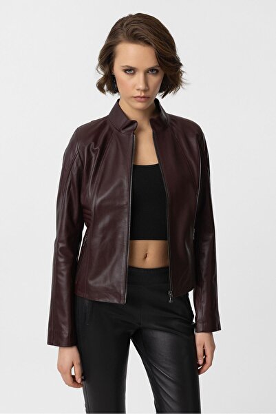 Deriderim Bordo Lotus Fermuarlı Astarlı Kısa Omuzda Ve Kolda Dikişli Dar Kesim Kadın Hakiki Deri Mont