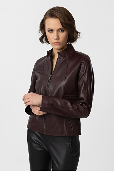 Deriderim Bordo Lotus Fermuarlı Astarlı Kısa Omuzda Ve Kolda Dikişli Dar Kesim Kadın Hakiki Deri Mont