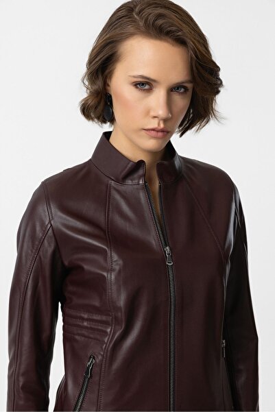 Deriderim Bordo Lotus Fermuarlı Astarlı Kısa Omuzda Ve Kolda Dikişli Dar Kesim Kadın Hakiki Deri Mont