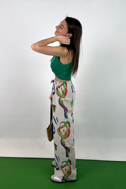 Love The Wind Pistachio Green Patterned Cotton-Linen Flowy Palazzo Pants