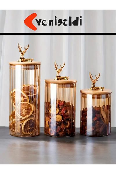 Yenigeldi (9X10Cm) 600ml 2Pcs Amber Color Geyikli Glass Storage Jar Deer Head Gold Color Y-482