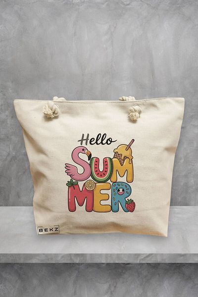 BEKZ Geanta de plaja, model Hello summer 2, 40x51 cm, Crem, BEKZ®