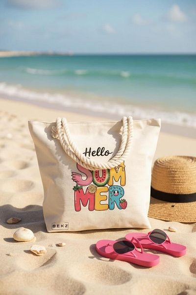 BEKZ Geanta de plaja, model Hello summer 2, 40x51 cm, Crem, BEKZ®