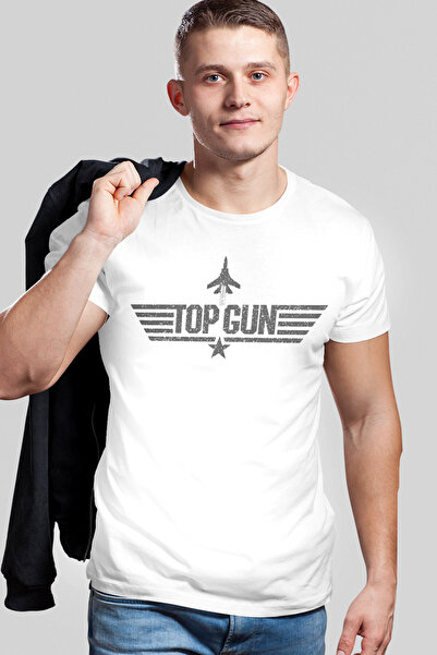 ROCKANDROLL Tricou Top Gun alb cu mânecă scurtă pentru bărbați