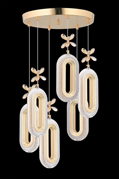 Nova Lighting Eclipse Model 6'lı Gold 3 Renk Modu Ledli Kristal Taşlı Modern Salon Mutfak Oturma Odası Led Avize