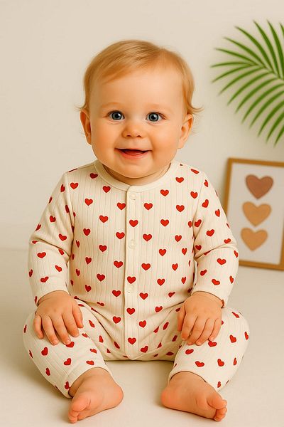 dinamik çocuk Small Heart Printed Stretchy Cotton Romper for Baby Girl - 1-3-6 Months