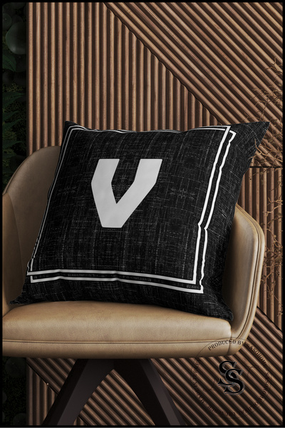 SasoHome Letter V Black Background Letter Decorative Digital Printed Throw Pillow Case