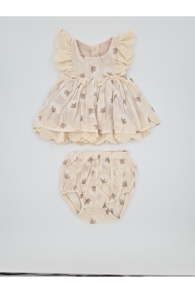 KIPIRIK BABY Kız Bebek Bej Çiçek Desenli Elbise Kilotlu Takım