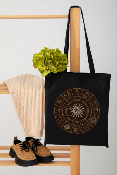 junobi Siyah Ham Bez Çanta – Güneş ve Astroloji Sembollü Kumaş Çanta – Boho T...