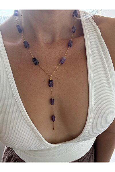By Song Aksesuar Çelik ametist doğaltaş dekolte kolye