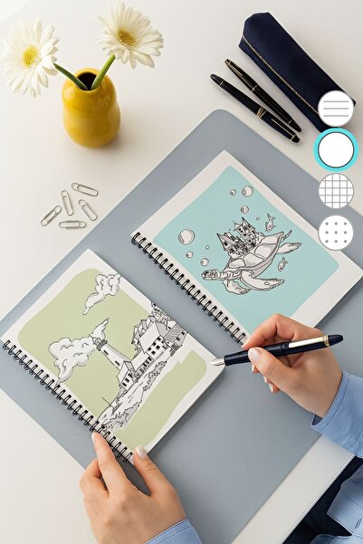 Eldesen Tasarım 2'li Çizgisiz Defter Seti, A5 Boyutunda 50 Yaprak 100 Sayfa 2'li Set, Kaplumbağalı