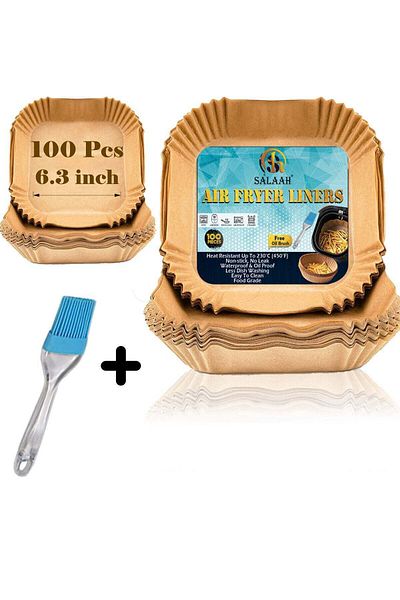 salah 100pcs Air Fryer Paper Liner 6.3 Inch Square Parchment Paper for Baking, Non-Stick (Free Oil Brush)