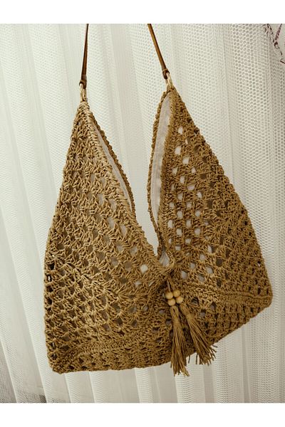 zümal tekstil tasarım Hand Knitted Paper Thread Leather Strap Women's Shoulder Bag (Color Straw)