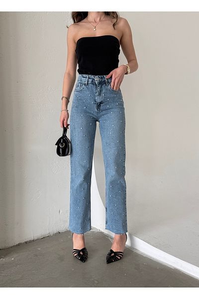 Bluezoni Pantaloni palazzo din denim cu design special pentru femei, culoare albastră, cu piatră strălucitoare