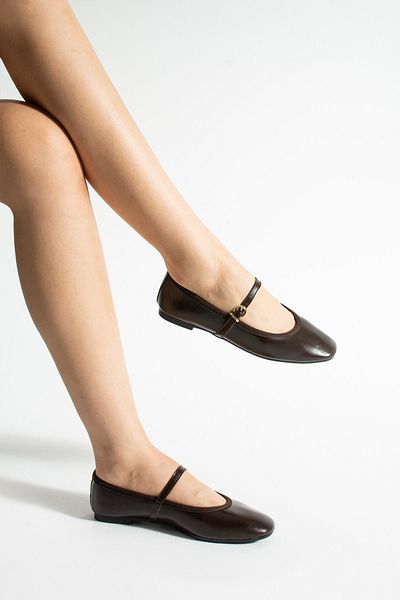 Lorenn Bella Brown Matte Skin Gold Buckle Detailed Orthopedic Flat Sole Women's Daily Ballerinas