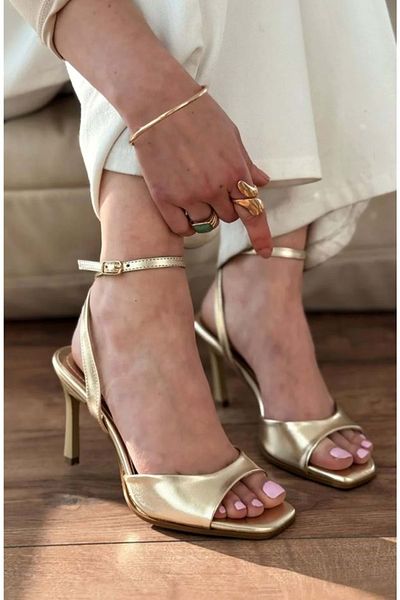 KOCAMANLAR Feles Ankle Strap Single Strap Women's Heeled Shoes Gold