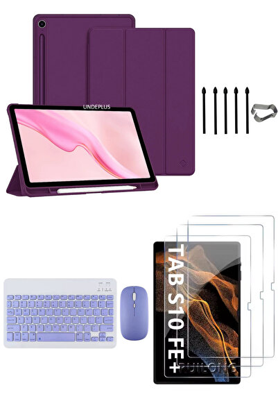 Covpor Samsung Galaxy Tab S10 FE+ Plus Flip Kılıf MOR+Klavye Mouse+S Pen Yedek Uç+Ekran Koruyucu