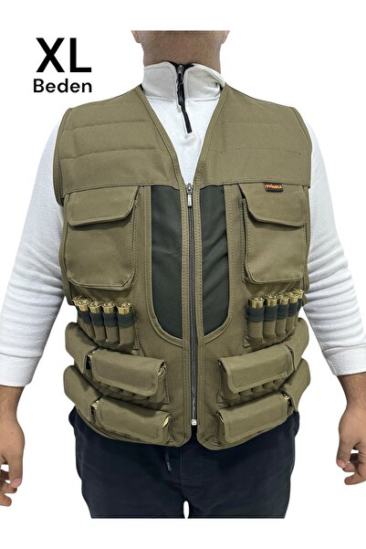 UYĞURCA XL Beden Avcı Yeleği - 50 Fişek Kapasiteli - Koyu Haki üzerine Haki Kumaş