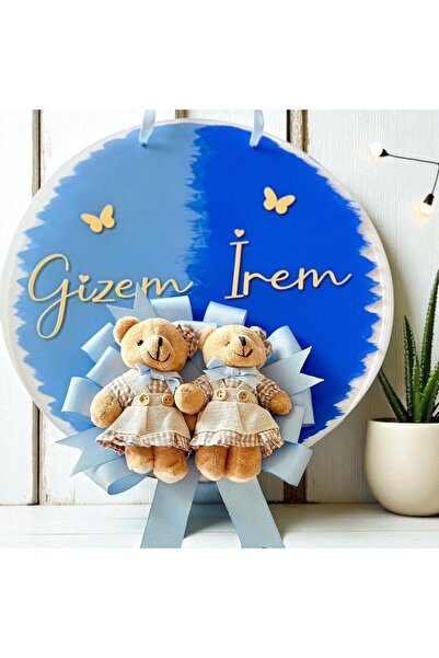 Güler Kaligrafi KİŞİYE ÖZEL AYICIKLI İKİZ BEBEKLER İÇİN YENİ DOĞAN BEBEK KAPI...