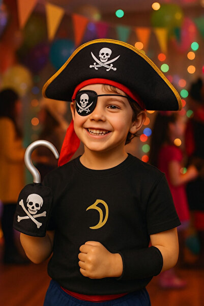 ReilaParty Captain Jack Sparrow Velvet Hat - Hook - Eye Mask 3-Piece Pirate Costume Set Children's Size Rp2437