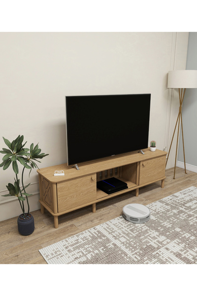 ÇMD ÇAKIR MOBİLYA DEKORASYON ONTANO TV Ünitesi – 180 cm – Sürgülü Kapaklı MDF Lam & Ahşap Ayaklı Modern Tasarım