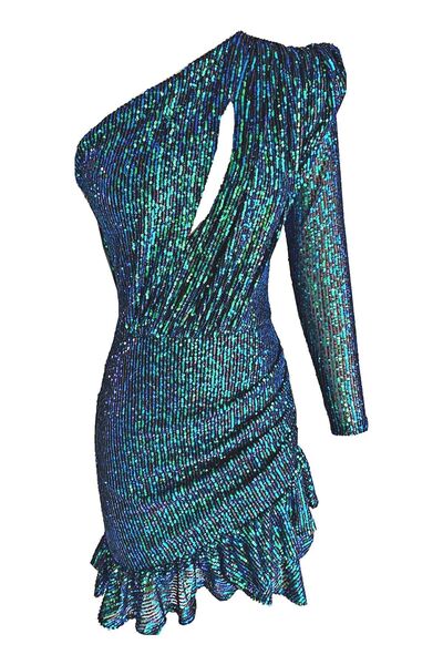 ElifNaz Yeşil Lacivert Mat Payetli Tek Omuz Elbise